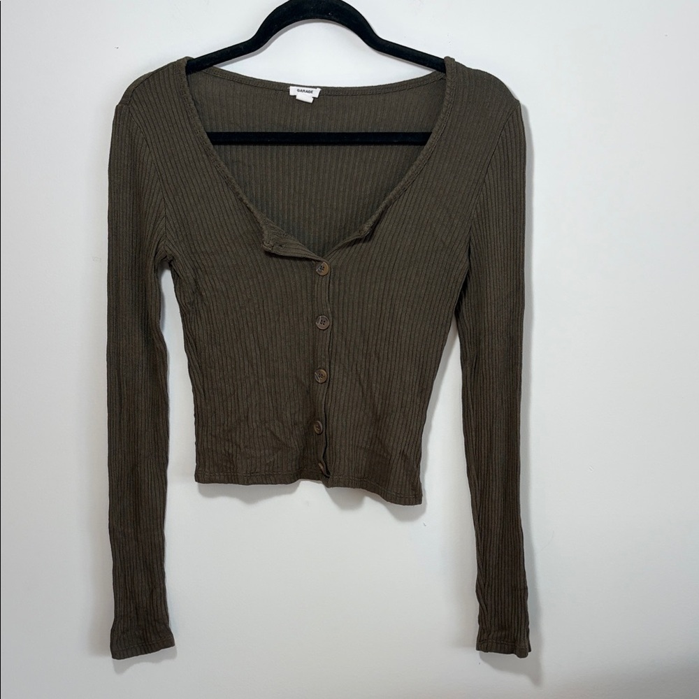 Garage Olive Green Ribbed Button-up Cardigan